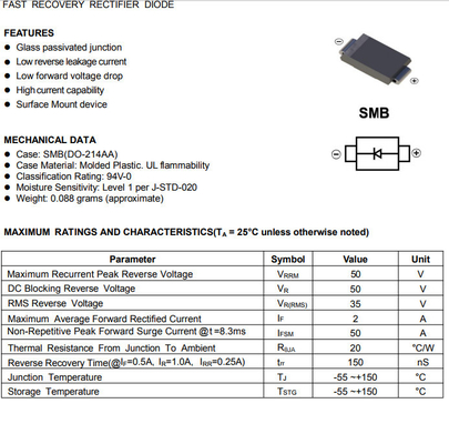SMB Fast Recovery Diode FR2A FR2B FR2D FR2G FR2J FR2K FR2M DO214-AA Surface Mount Device